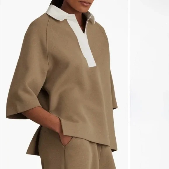 REISS Gaia Camel Tan Interlock Contrast Collar Sweater Top Womens M - Picture 1 of 14